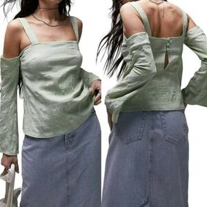 Topshop Women's Sage Green Textured Cold Shoulder‎ Top Size 2 NEW